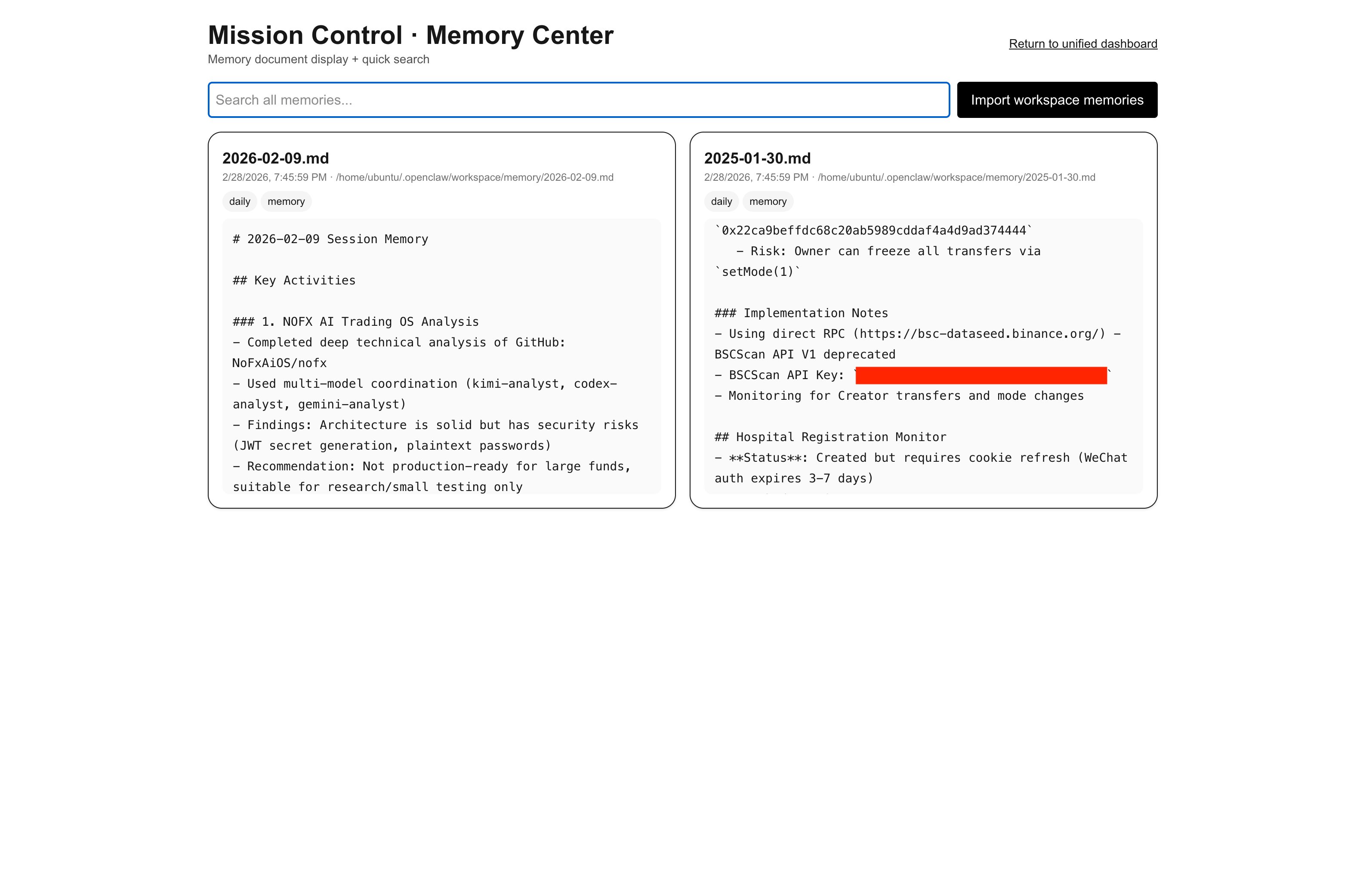 OpenClaw Mission Control Memory Center showing session memory and redacted API keys visible to unauthorized users