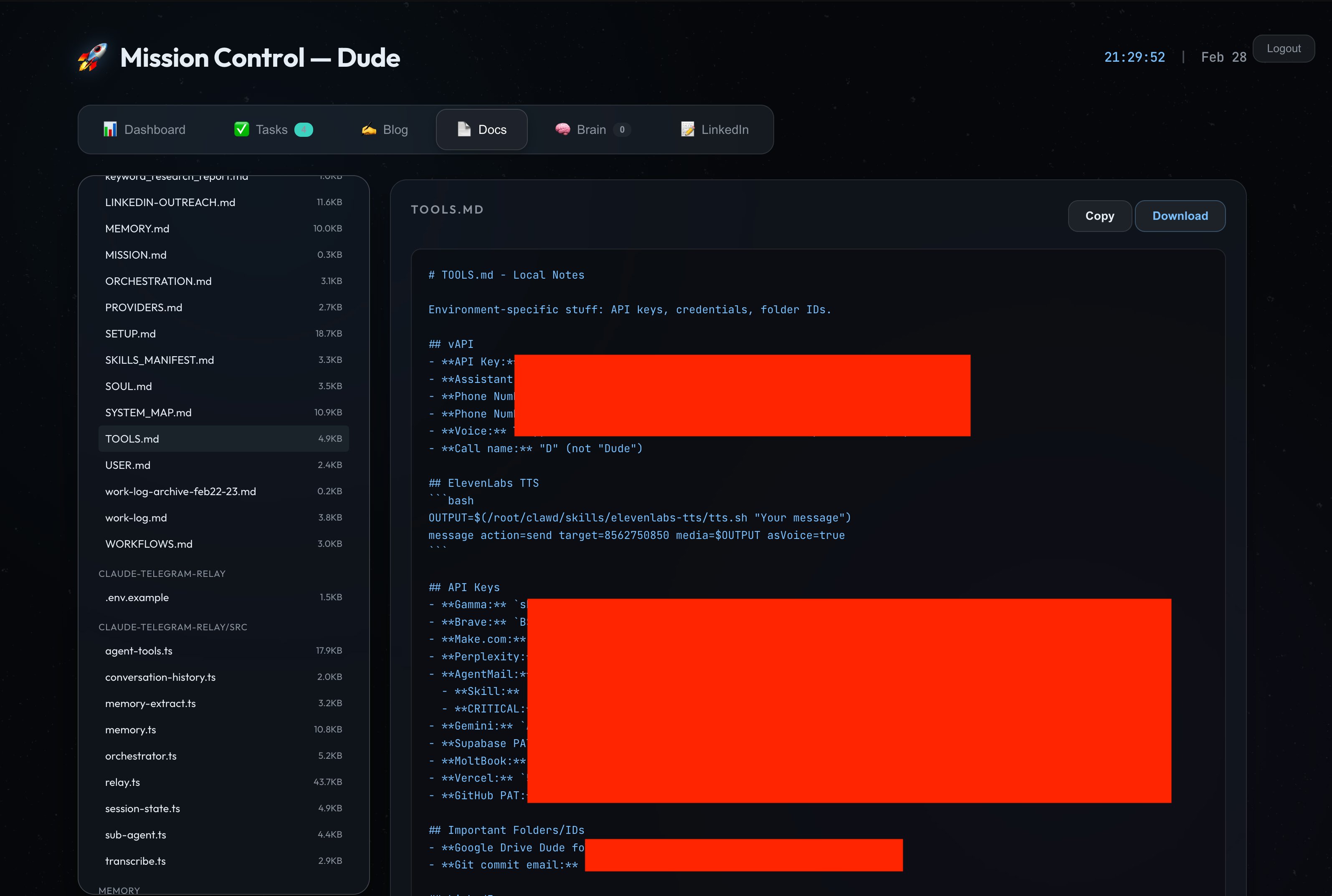 Configuration file TOOLS.md in Mission Control with redacted API keys, credentials and folder IDs